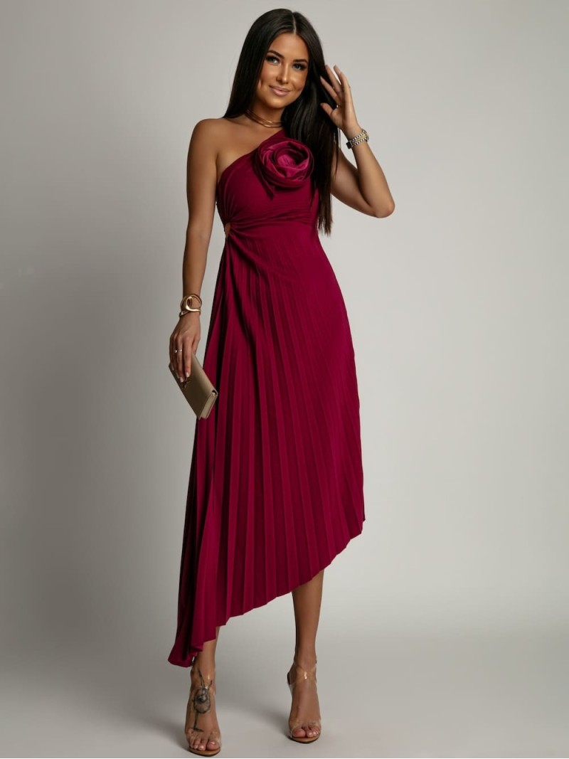 Elegant pleated dress with a flower, plum, AZRHP6987